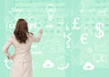 Rear view of businesswoman writing business concept on green board Royalty Free Stock Photo