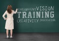 Rear view of businesswoman writing business terms on chalkboard