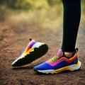Rear view closeup sport shoe of racer in running on trail with dust. Banner sneaker fitness for track. Generation AI