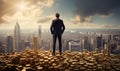 Rear view of confident businessman standing on pile of golden coins and looking at city. Royalty Free Stock Photo