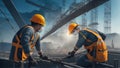 Rear view of construction worker wearing mask and safety glasses making steel reinforcement bars at construction site