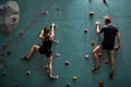 Rear view on couple climbers. Extreme indoor climbing. Strong woman and man