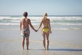 Rear view of couple holding hands while standing at beach Royalty Free Stock Photo