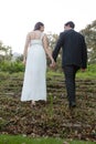 Rear view of couple holding hands and walking on grassy field Royalty Free Stock Photo