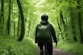 Rear view of a cyclist riding a bicycle through the green forest, cyclist full rear view wearing gear and cycling, AI Generated