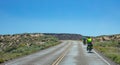 Rear view of cyclists biking near petrified forest, sunny spring day, Arizona US