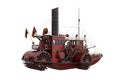 Rear view 3D rendering of a Steampunk styled paddle steamer boat isolated on a white background