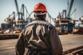 Rear view of a dock worker with red hardhat at industrial port