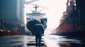 Rear view of dock workers standing in shipyard, Industry with cargo ship