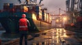 Rear view of dock workers standing in shipyard, Industry with cargo ship