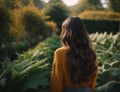 rear view domestic travel with nature concept. Asia traveller woman walking relax in garden, generative ai tool