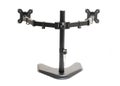 Rear view modern dual monitor desk mount stand isolated on white background