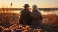 Rear view of elderly couple outdoors romantic relation. Generative AI. Royalty Free Stock Photo