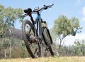 Rear view of Electric mountain bike in beautiful rural australia gum trees and blue sky Royalty Free Stock Photo