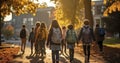 A Rear View of Elementary Students Walking to School in the Early Light