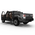 Rear view of empty pick-up truck on white. Doors opened. 3D illustration Royalty Free Stock Photo