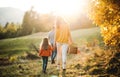 A rear view of family with small child on a walk in autumn nature.