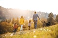 A rear view of family with two small children and a dog on a walk in autumn nature.