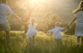 Rear view of family with two small children walking on meadow outdoors at sunset.