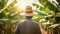 Rear view of farm worker with straw hat standing in banana plantation in spring, generated by AI