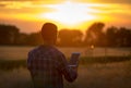 Farmer holding tablet in field at sunset Royalty Free Stock Photo