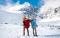 Rear view of father and mother with two small children in winter nature, walking in the snow. Royalty Free Stock Photo