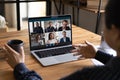 Back view of woman talk on video call with colleagues Royalty Free Stock Photo