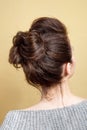 Rear view of female hairstyle medium bun on long straight brown hair with radical volume. Royalty Free Stock Photo
