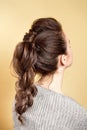 Rear view of female hairstyle volume braid with brown hair.