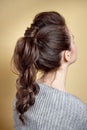 Rear view of female hairstyle volume braid.