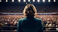 Rear view of female politician during electioneering speech in front of the congress crowd, generative ai