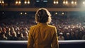 Rear view of female politician during speech in front of the congress crowd, generative ai