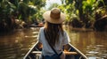 Rear View Female tourist on boat in River. Generative AI