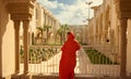 Rear view of a female tourist in traditional authentic Moroccan clothes, visiting and admiring Hassan II mosque