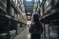 Rear view of a female warehouse worker looking at shelves, A female warehouse manager\'s rearview, standing in the