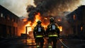 Rear view of firefighters in front of the burning building, generative ai