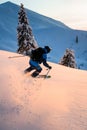 rear view of freerider sliding down snow-covered slopes on fresh powder snow Royalty Free Stock Photo