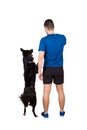 Owner training his obedient border collie dog standing on hind paws isolated over white background. Human and pet friendship.