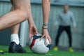 Rear view futsal goalkeeper with net gates foreground Royalty Free Stock Photo