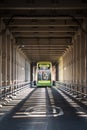 Rear view of Go North East bus heading across the Newcatsle High Level Bridge showing Victorian Metalwork Royalty Free Stock Photo