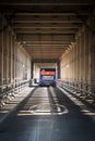 Rear view of Go North East bus heading across the Newcatsle High Level Bridge showing Victorian Metalwork