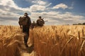 Rear view of a group of farmers walking through a wheat field, AI Generated