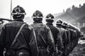 Rear view of a group of firemen standing in a row, rear view of a Group of mine workers wearing helmets, AI Generated