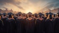 Rear view of a group of graduates standing outdoors, on street , at sky sunset