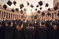 Rear view of a group of graduates throwing caps in the air, rear view of A group of graduates tips their graduation caps upwards,