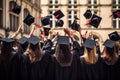 Rear view of a group of graduates wearing hats and gowns, rear view of A group of graduates tips their graduation caps upwards, AI