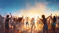 Rear view of a group of happy multiethnic young people dancing on the beach at sunset on a beautiful summer day. Friends, party, Royalty Free Stock Photo