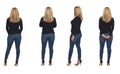 Rear view of a group of same woman with jeans turned and looking at camera on white