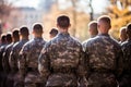 Rear view of a group of soldiers on a military parade, US soldiers standing in a formation on a ceremony, rear view, top section Royalty Free Stock Photo