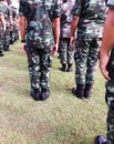 Rear view of a group of soldiers standing in line outdoors on the lawn